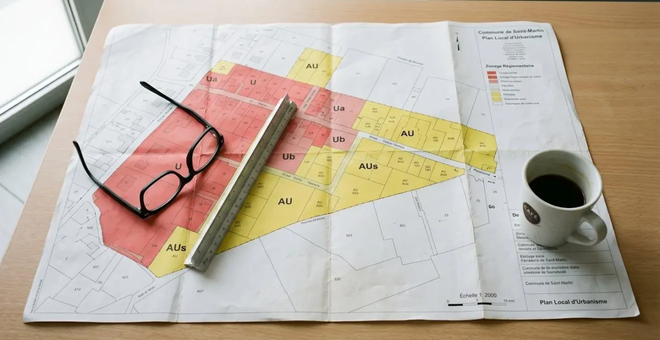 Gros plan sur une carte de Plan Local d'Urbanisme (PLU) avec zones colorées (U, AU, A, N), une main pointant une parcelle spécifique avec un stylo, sur une table de bureau