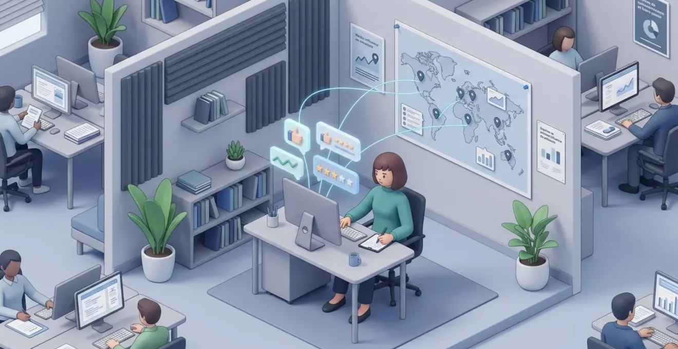 Illustration isométrique d'un bureau d'agence avec des icônes de feedback flottant autour d'un ordinateur.