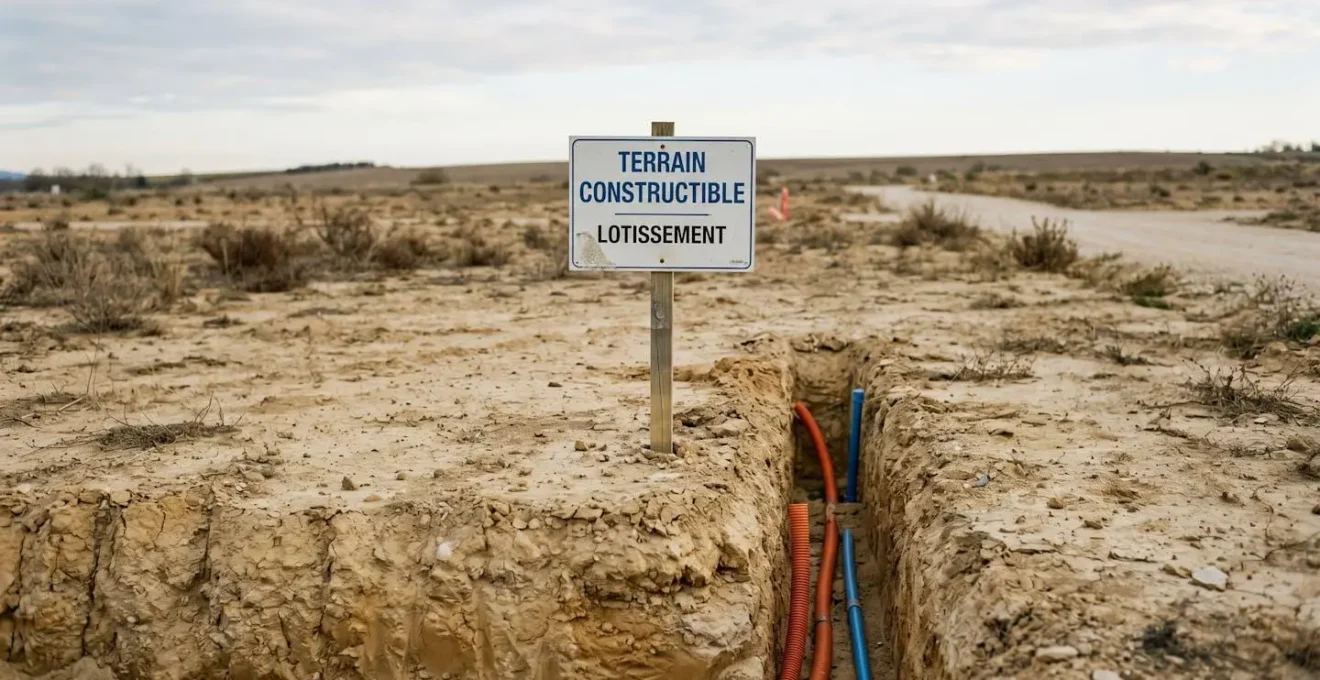 Panneau de signalisation 'Terrain Constructible' planté dans un sol nu, avec des réseaux de viabilisation (câbles, tuyaux) visibles sous la surface en coupe transparente, symbolisant l'écart entre statut administratif et équipement réel