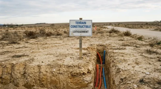 Panneau de signalisation 'Terrain Constructible' planté dans un sol nu, avec des réseaux de viabilisation (câbles, tuyaux) visibles sous la surface en coupe transparente, symbolisant l'écart entre statut administratif et équipement réel
