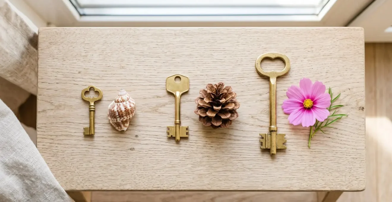 Trois clés de tailles différentes sur une table en bois, accompagnées d'objets symboliques représentant la diversité des biens.