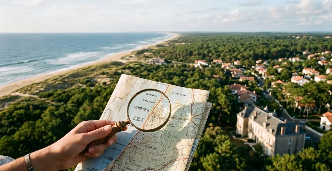 Vue aérienne de la côte landaise avec une main tenant une loupe au-dessus d'une carte, symbolisant l'expertise locale.