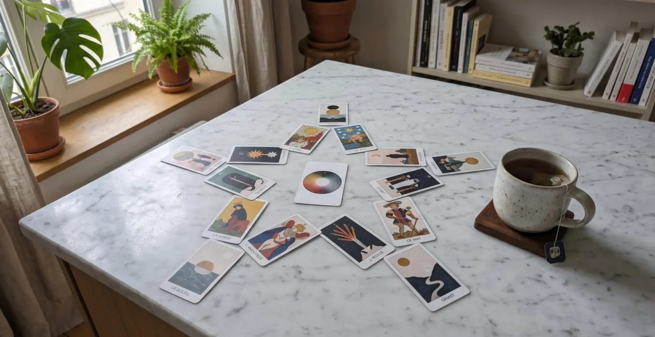 Cartes de tarot disposées en étoile sur une table en bois clair avec une tasse de thé, éclairage naturel doux créant des ombres