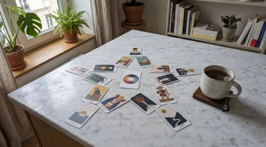 Cartes de tarot disposées en étoile sur une table en bois clair avec une tasse de thé, éclairage naturel doux créant des ombres
