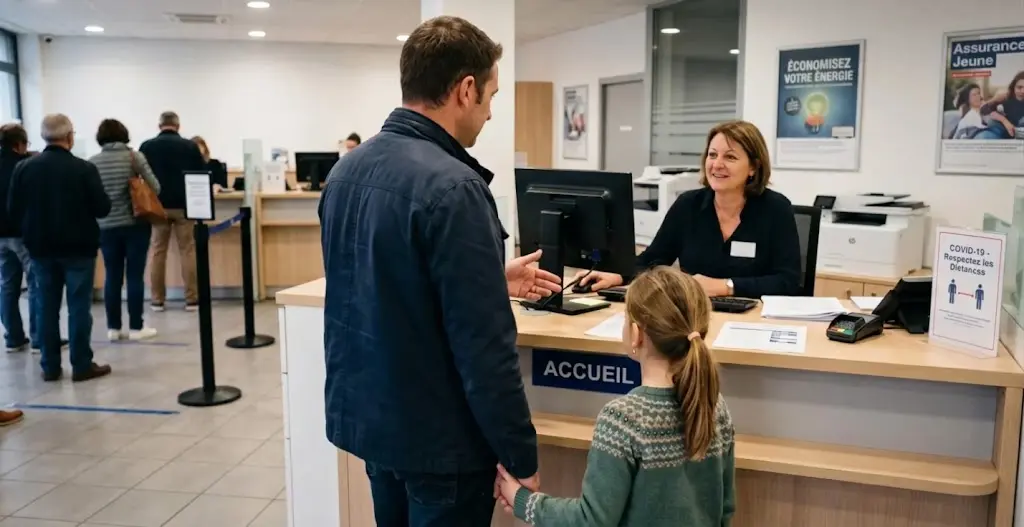 Un père et son enfant observent le comptoir d'accueil d'une agence bancaire.