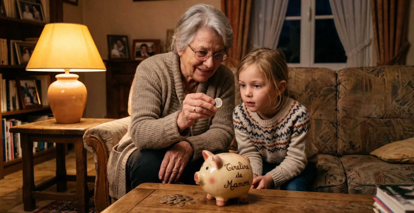 Une grand-mère montre une pièce de monnaie à sa petite-fille près d'une tirelire.