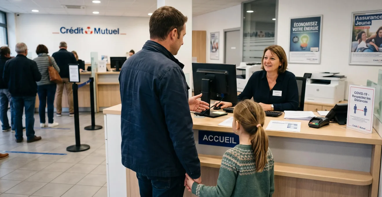 Un père et son enfant observent le comptoir d'accueil d'une agence bancaire.